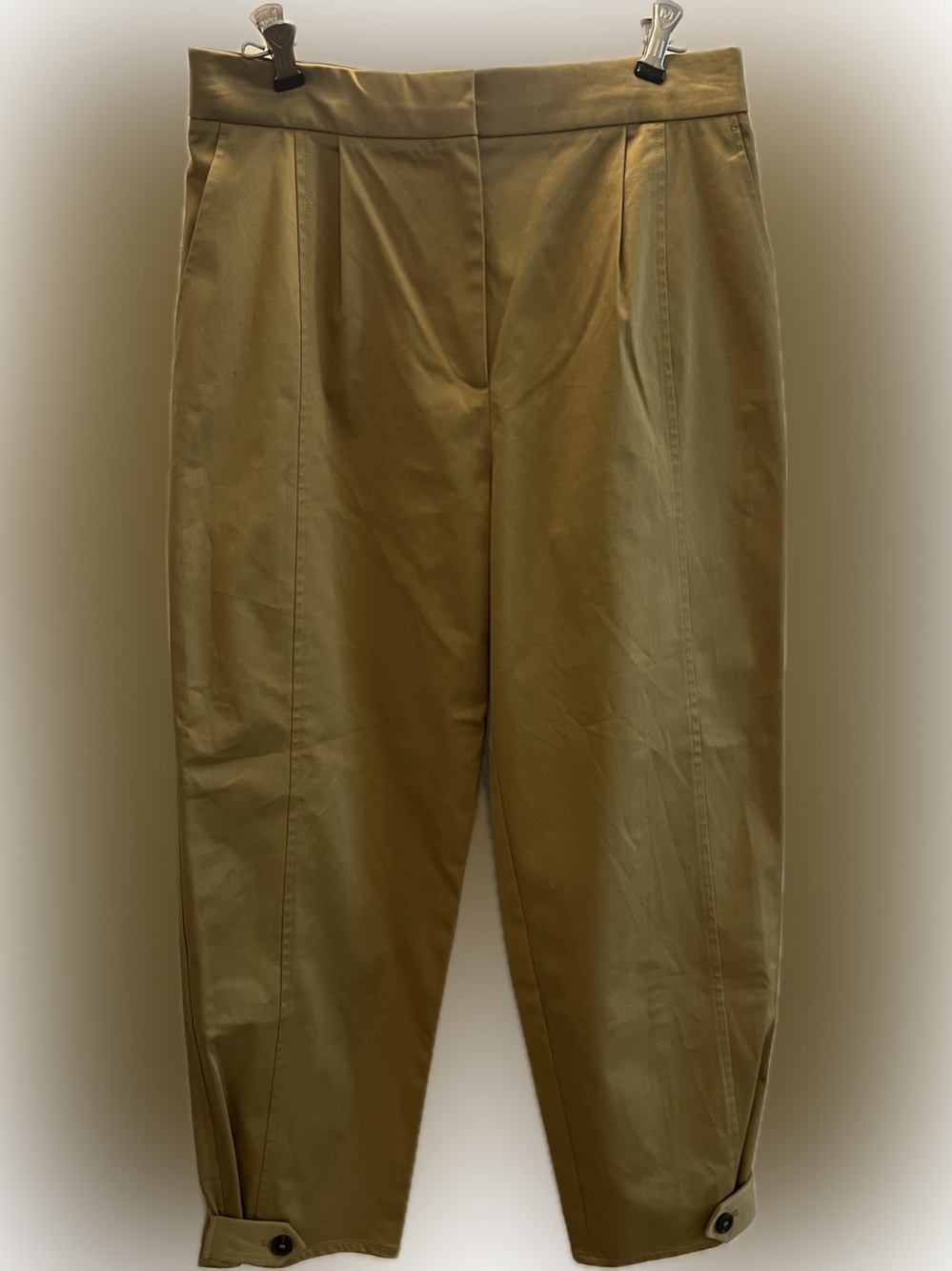 Bash High-Waist Olive Green Pantalon Pants   Button tapered at bottom.